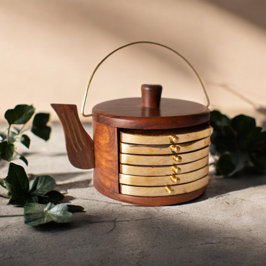 Carved Wooden Trays (Set of 3) + Kettle coaster (set of 6)