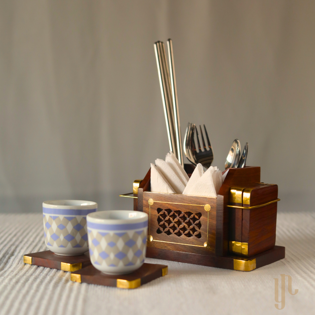 Wooden Pen Stand and Coaster Set in Carved Design (Set of 12)