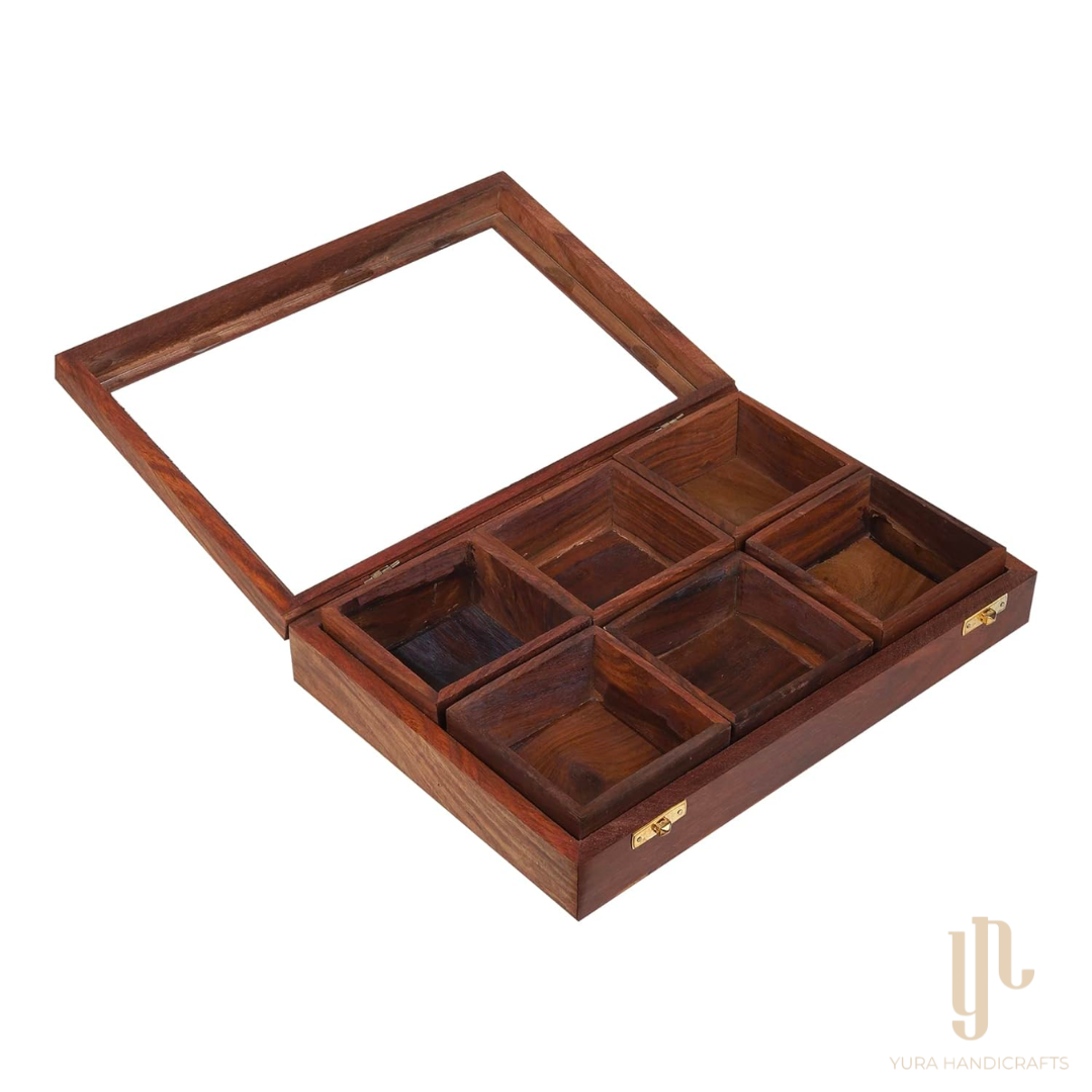 Rectangular Wooden Dry Fruits and Spice Box with 6 Containers – Yura Designs