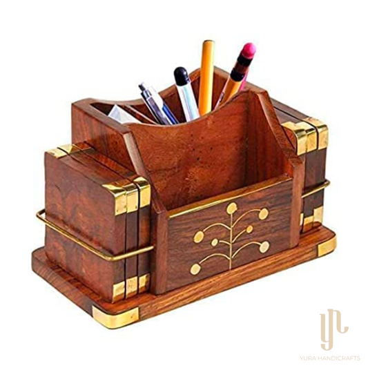 Wooden Pen Stand and Coaster Set in Gold Tree Inlay Design (Set of 12)