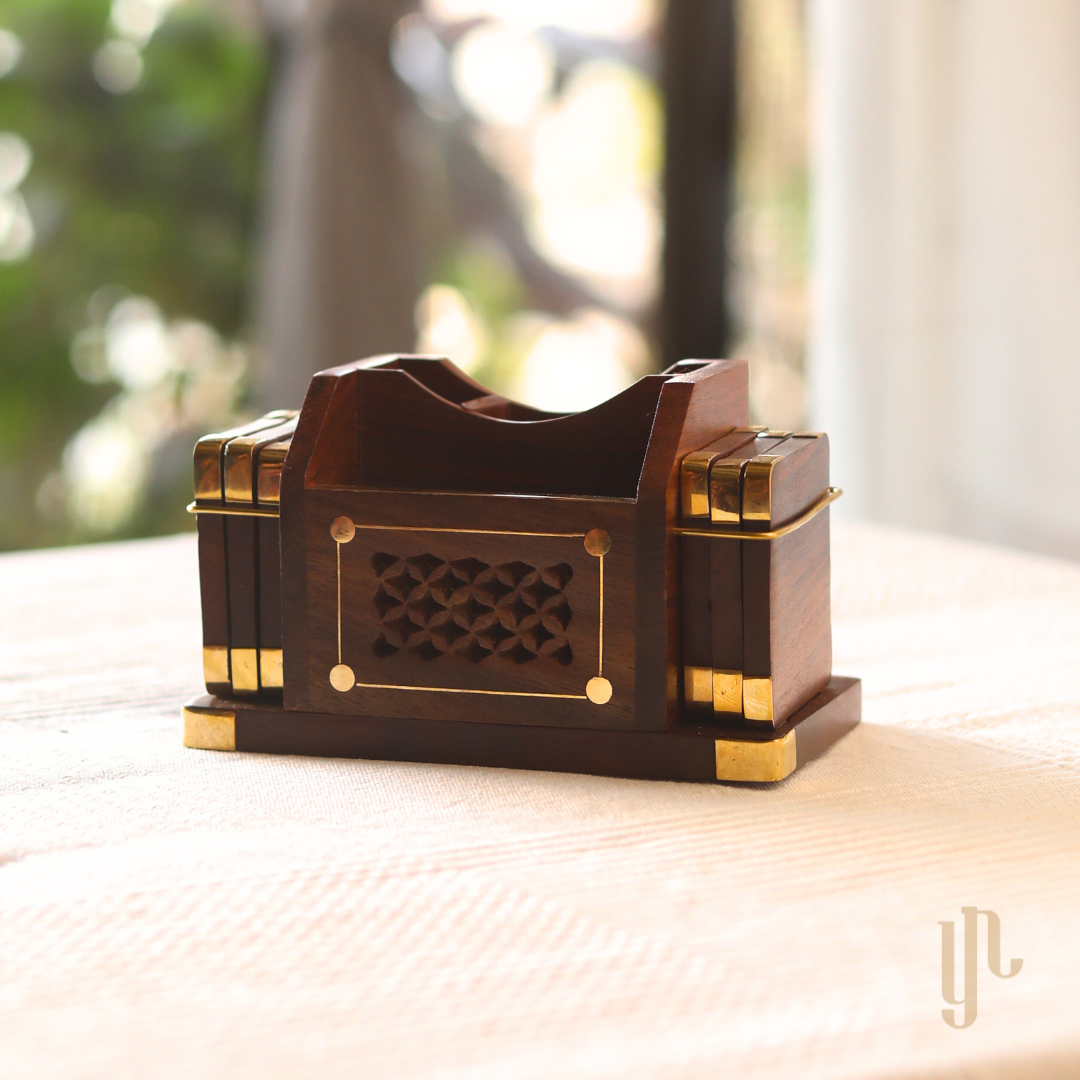 Wooden Pen Stand and Coaster Set in Carved Design (Set of 12)