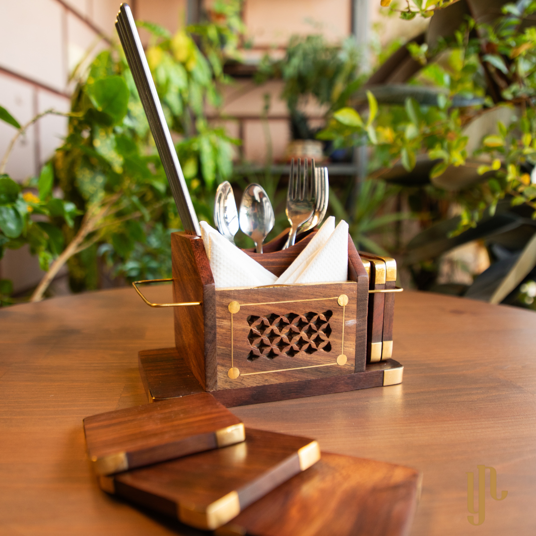 Wooden Pen Stand and Coaster Set in Carved Design (Set of 12)