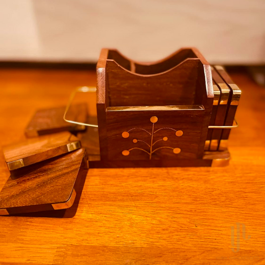 Wooden Pen Stand and Coaster Set in Gold Tree Inlay Design (Set of 12)