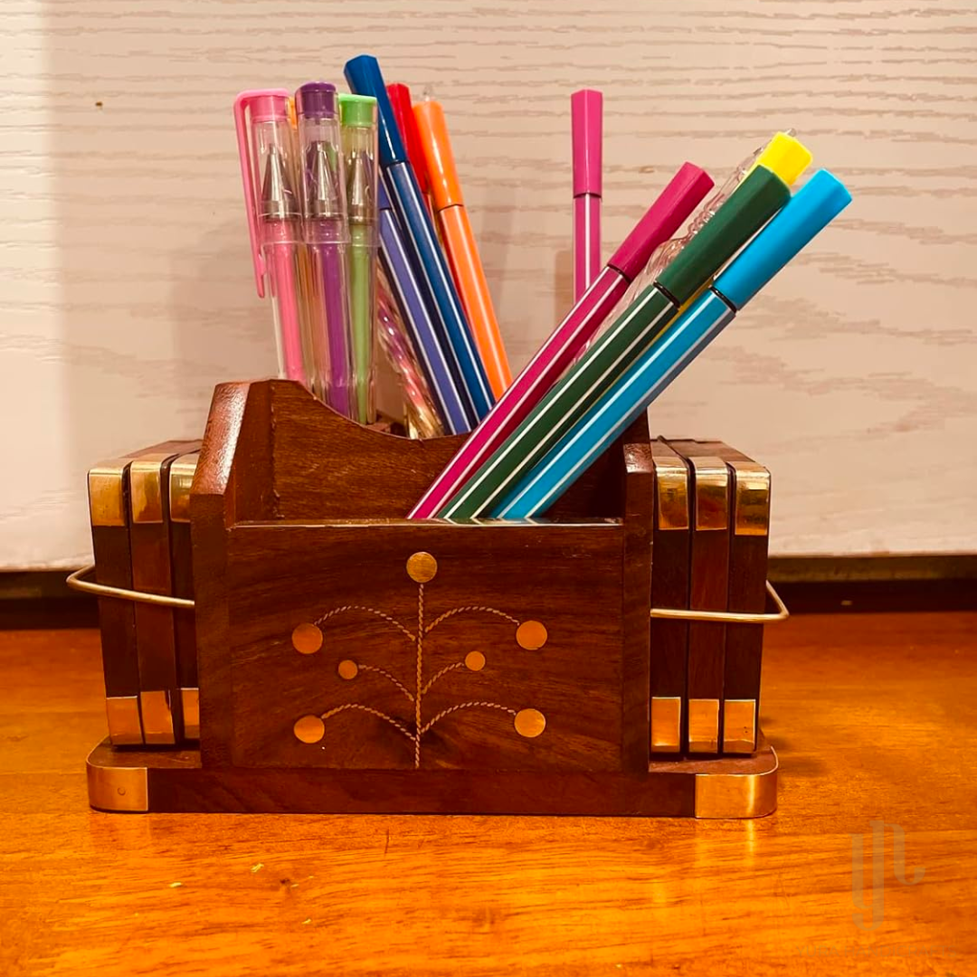 Wooden Pen Stand and Coaster Set in Gold Tree Inlay Design (Set of 12)