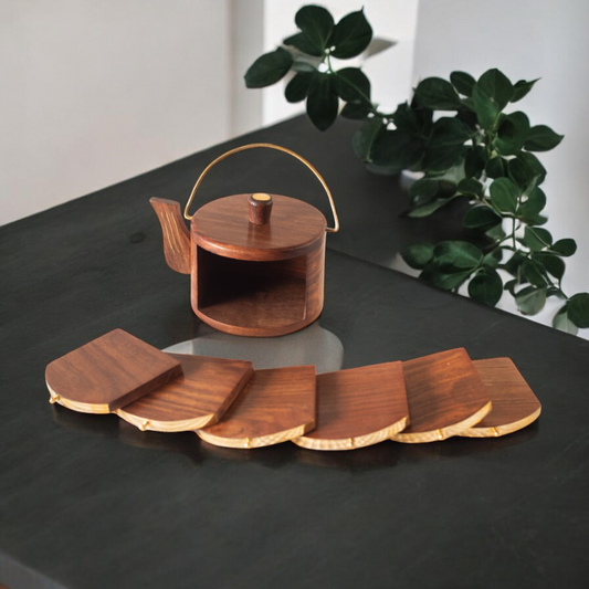 Elegant Wooden Round tray + Kettle Coaster (set of 6)