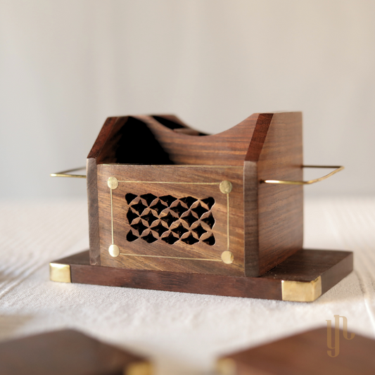 Wooden Pen Stand and Coaster Set in Carved Design (Set of 12)