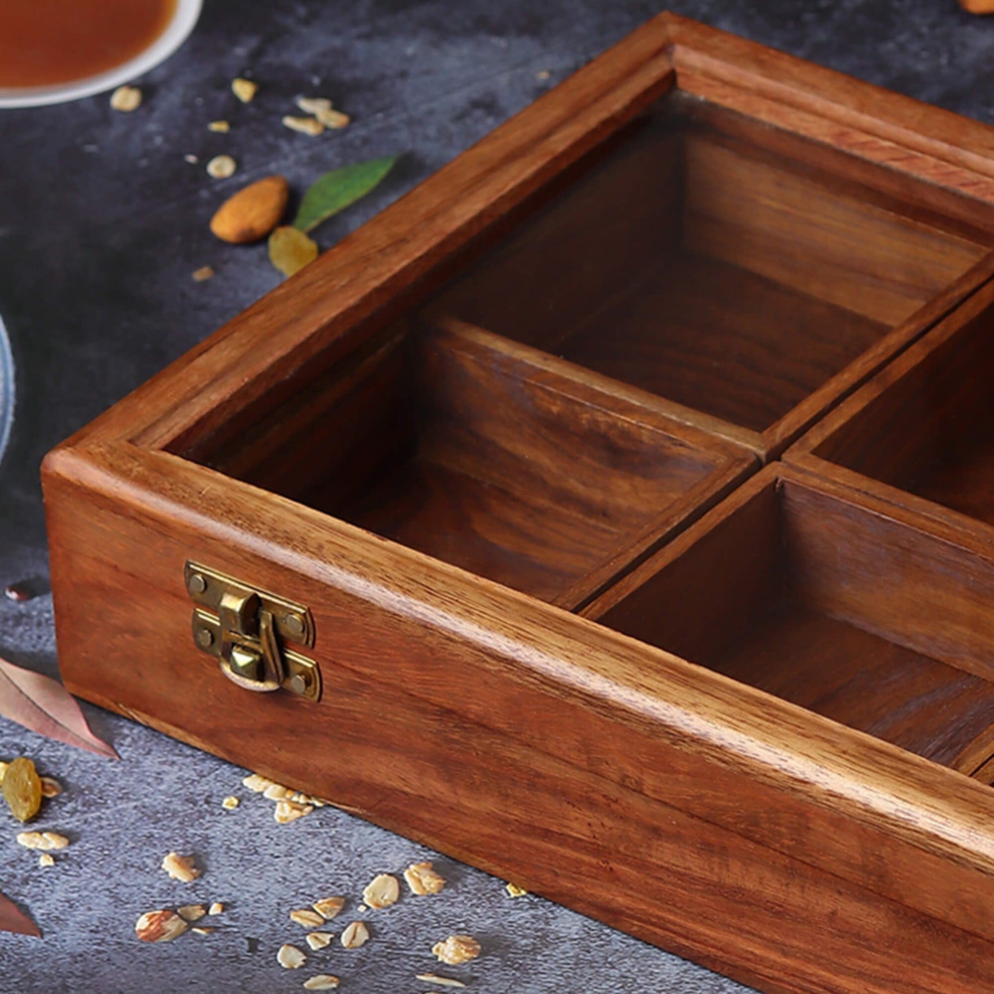Rectangular Wooden Dry Fruits and Spice Box with 6 Containers