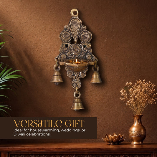 Brass Wall Hanging Diya with Bells