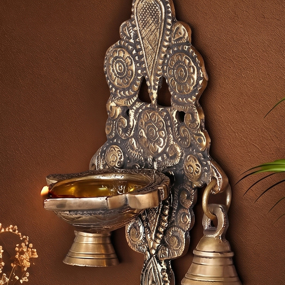 Brass Wall Hanging Diya with Bells