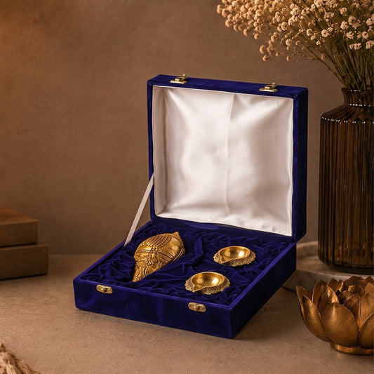 Brass Shankh + 2 Kuber Diyas Gift Set