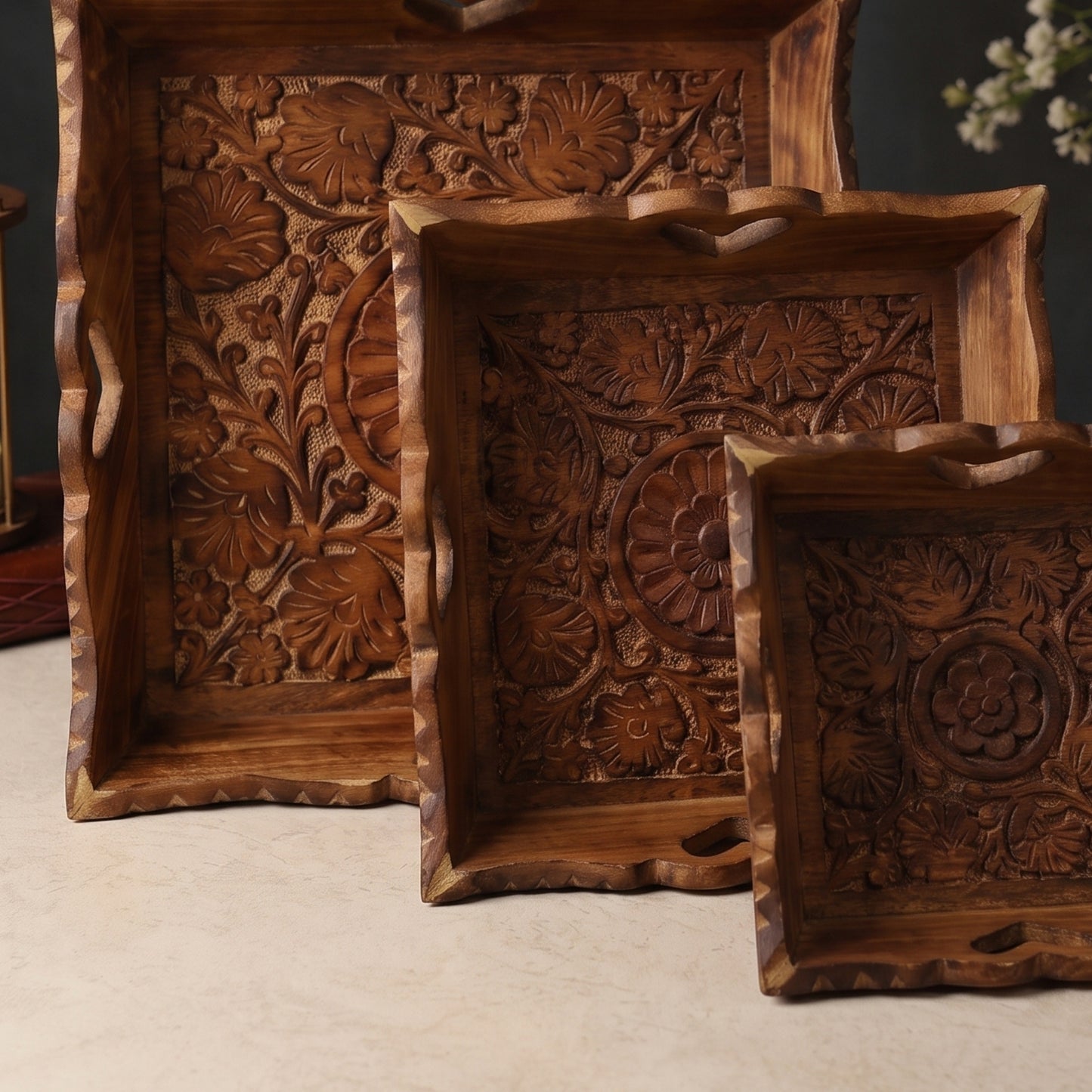 Carved Wooden Trays (Set of 3)