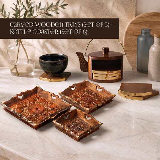 Carved Wooden Trays (Set of 3) + Kettle coaster (set of 6)