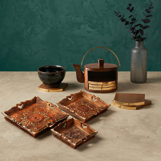 Carved Wooden Trays (Set of 3) + Kettle coaster (set of 6)