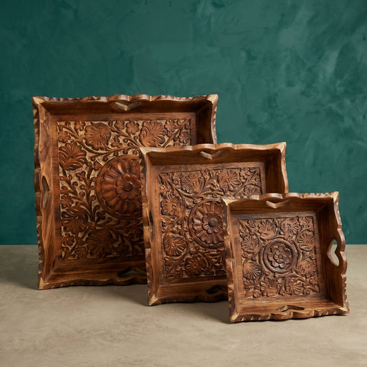 Carved Wooden Trays (Set of 3) + Kettle coaster (set of 6)