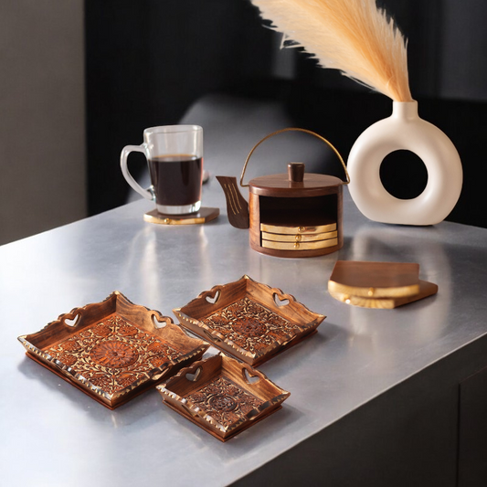 Carved Wooden Trays (Set of 3) + Kettle coaster (set of 6)
