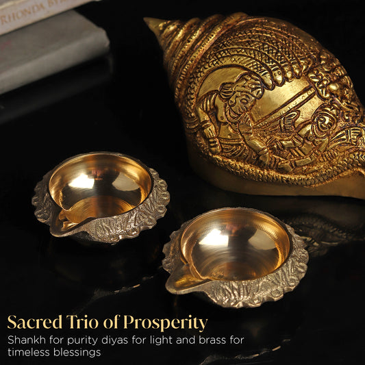 Brass Shankh + 2 Kuber Diyas Gift Set
