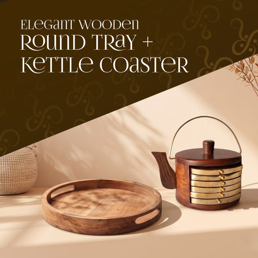 Elegant Wooden Round tray + Kettle Coaster (set of 6)