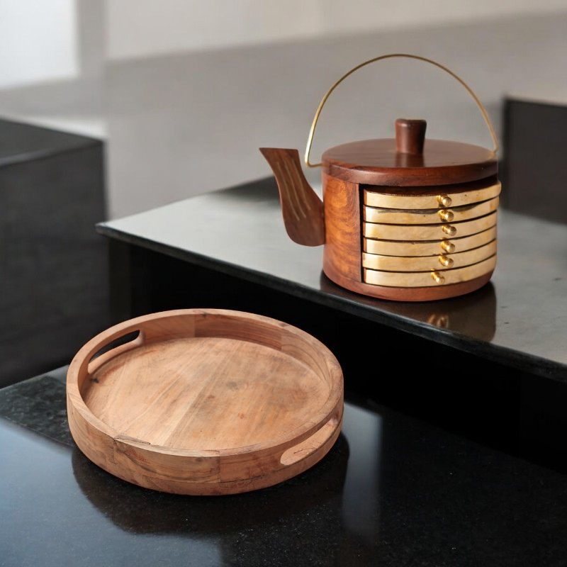 Elegant Wooden Round tray + Kettle Coaster (set of 6)