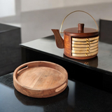 Elegant Wooden Round tray + Kettle Coaster (set of 6)