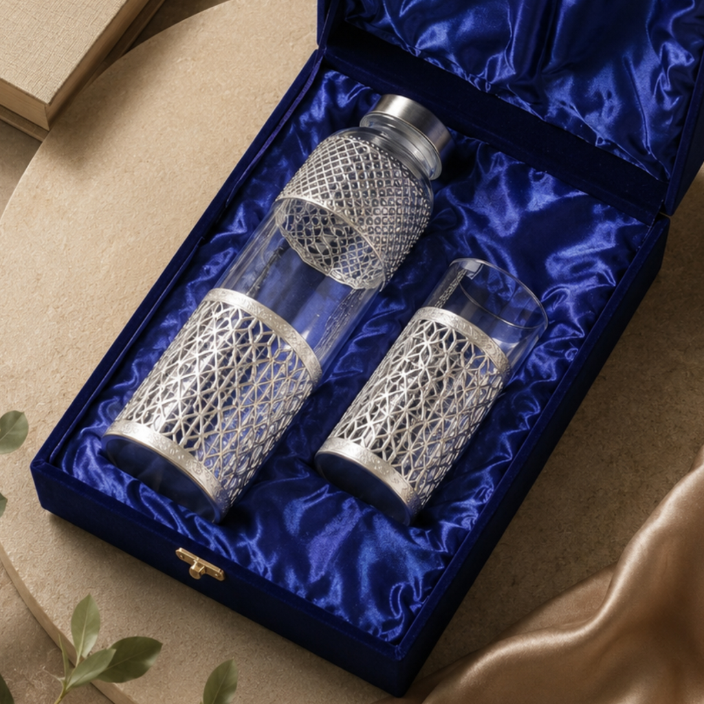 German Silverware Bottle & Glass Set | Premium Blue Velvet Gift Box