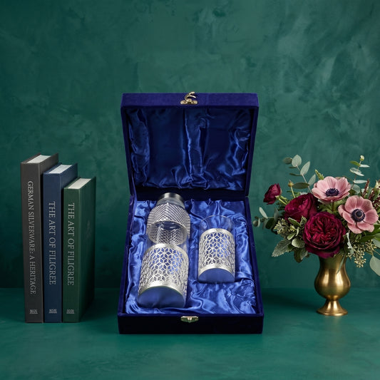 German Silverware Bottle & Glass Set | Premium Blue Velvet Gift Box