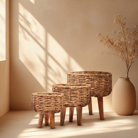 Handmade Twisted Jute Rope Planters in Light Brown (Set of 3)
