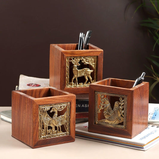 Dhokra Brass and Wooden Pen Holder