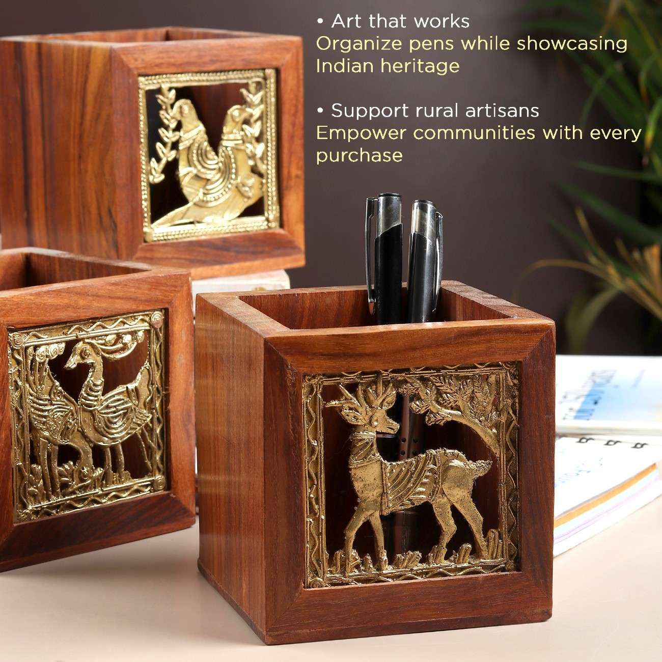 Dhokra Brass and Wooden Pen Holder