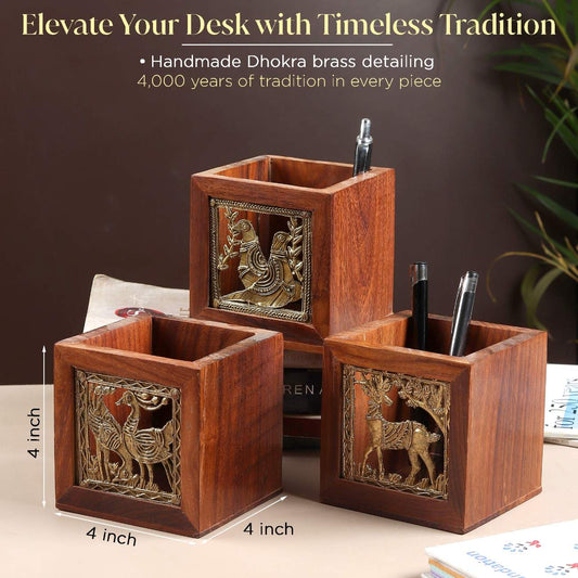 Dhokra Brass and Wooden Pen Holder