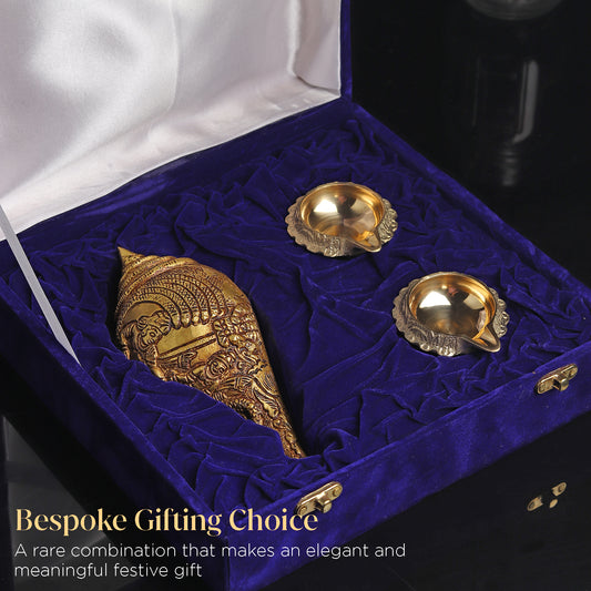 Brass Shankh + 2 Kuber Diyas Gift Set