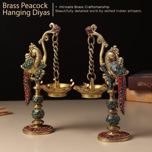 Peacock Pair Brass Hanging Diyas (Set of 2)
