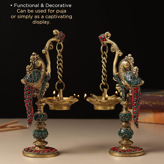 Peacock Pair Brass Hanging Diyas (Set of 2)