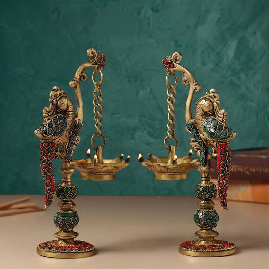 Peacock Pair Brass Hanging Diyas (Set of 2) with Box
