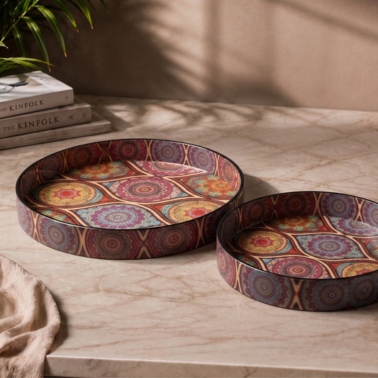 Round Multicoloured Decorative Tray Set (Set of 2)