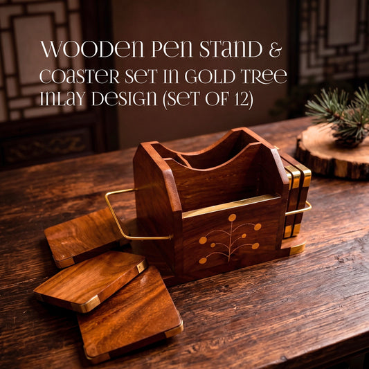 Wooden Pen Stand and Coaster Set in Gold Tree Inlay Design (Set of 12)