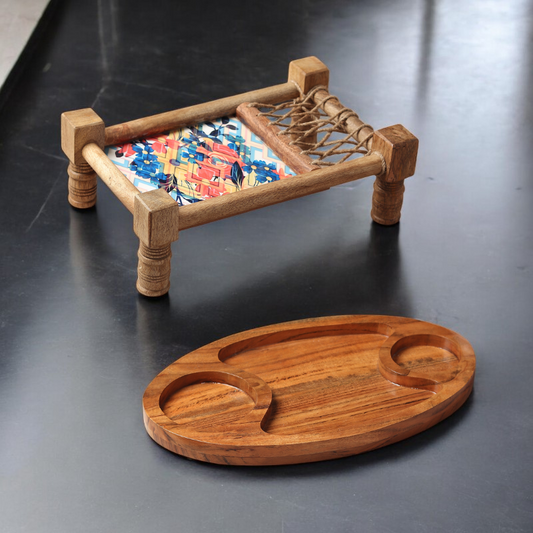 Wooden Khaat Styled Serving Platter + Wooden Serving Platter with Dip