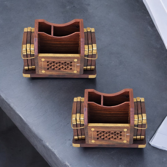 Wooden Pen Stand and Coaster Set in Carved Design (Set of 12)