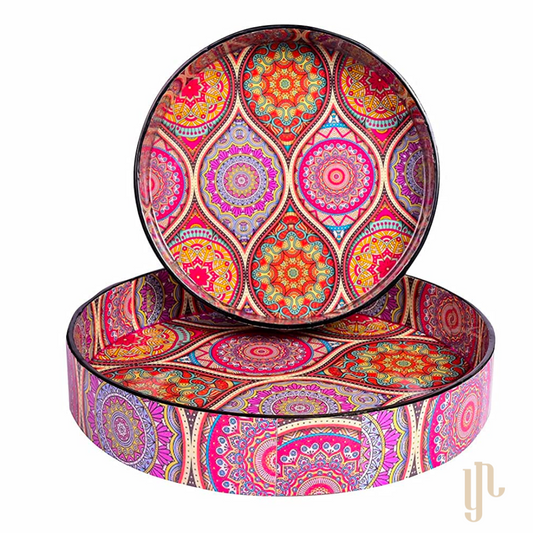 Round Multicoloured Decorative Tray Set (Set of 2)