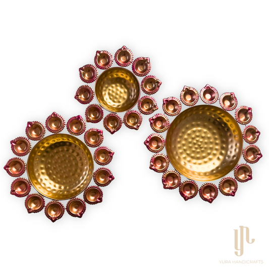 Decorative Diya Shaped Border Urli Bowl in Gold and Pink