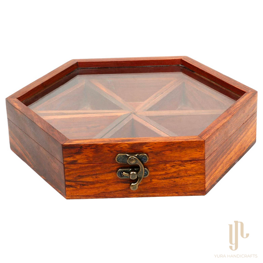 Hexagonal Wooden Spice Box with 6 Containers