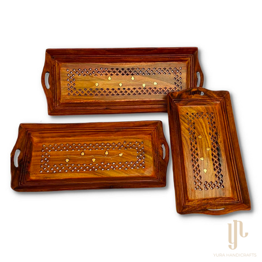 Carved Wooden Coffee Trays (Set of 3)