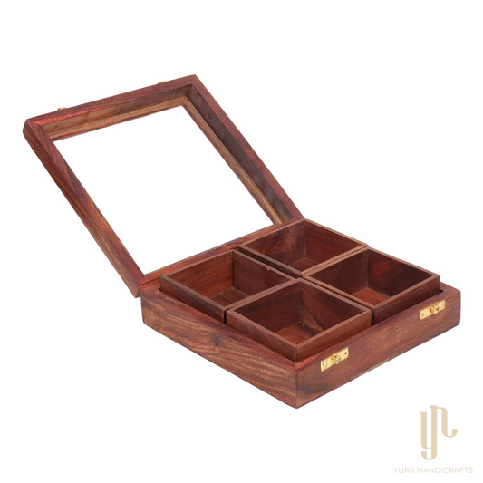 Squared Wooden Dry Fruits and Spice Box with 4 Containers