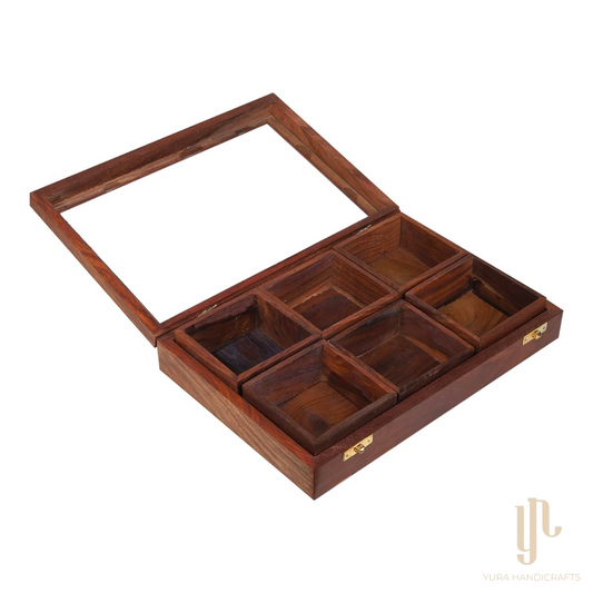 Rectangular Wooden Dry Fruits and Spice Box with 6 Containers