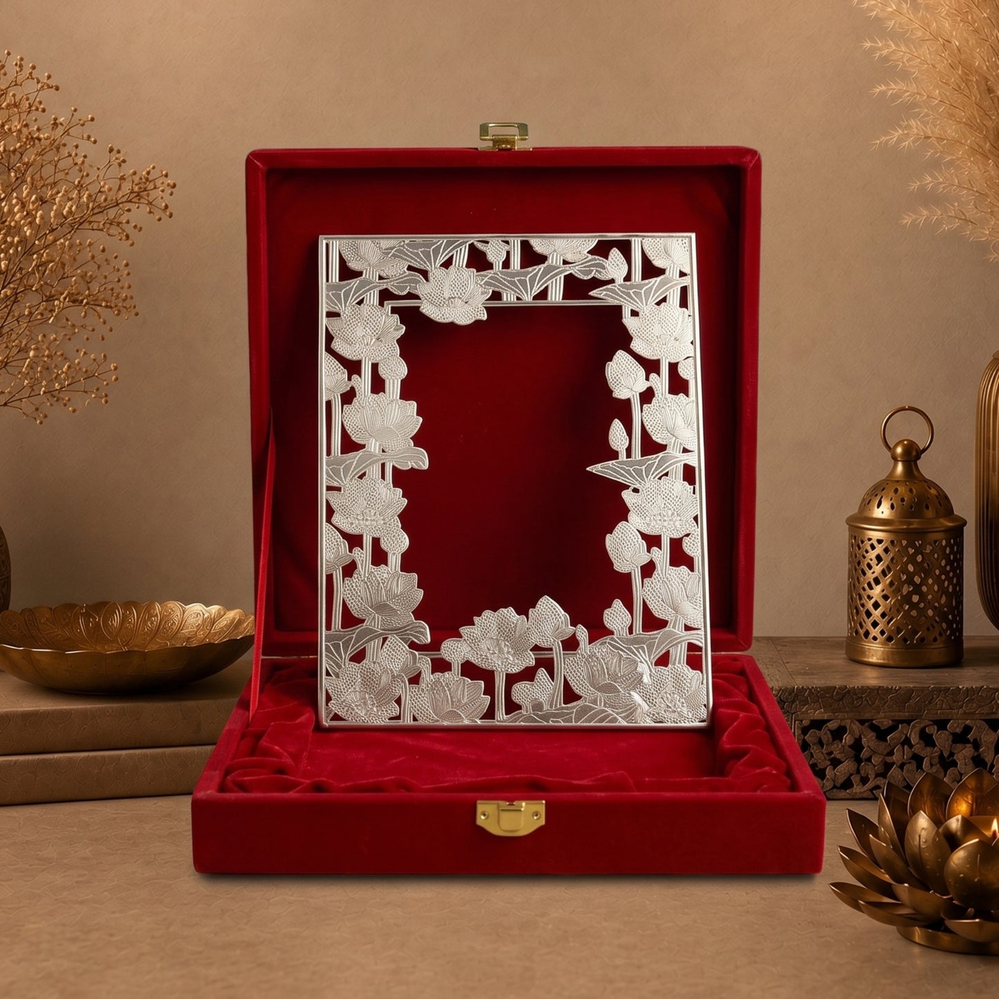 Lotus Bloom German Silver Frame - handcrafted decor by Yura Designs