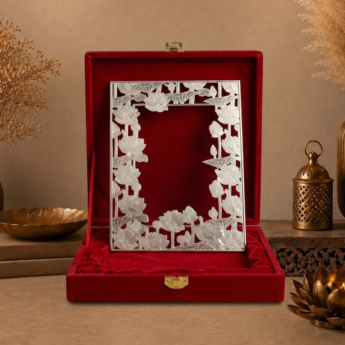 Lotus Bloom German Silver Frame - handcrafted decor by Yura Designs