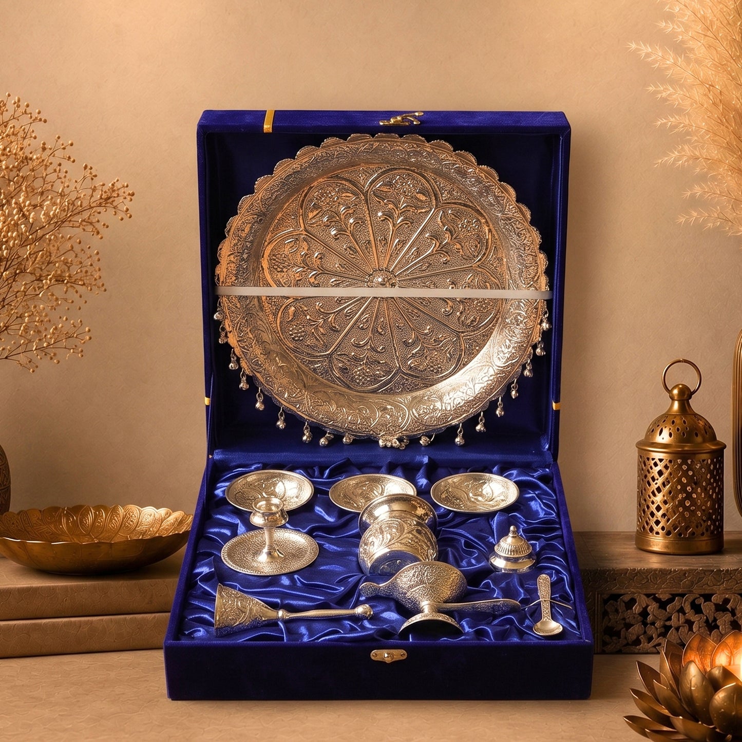 Silver Puja Thali Auspicious Elegance In Every Ritual - handcrafted decor by Yura Designs