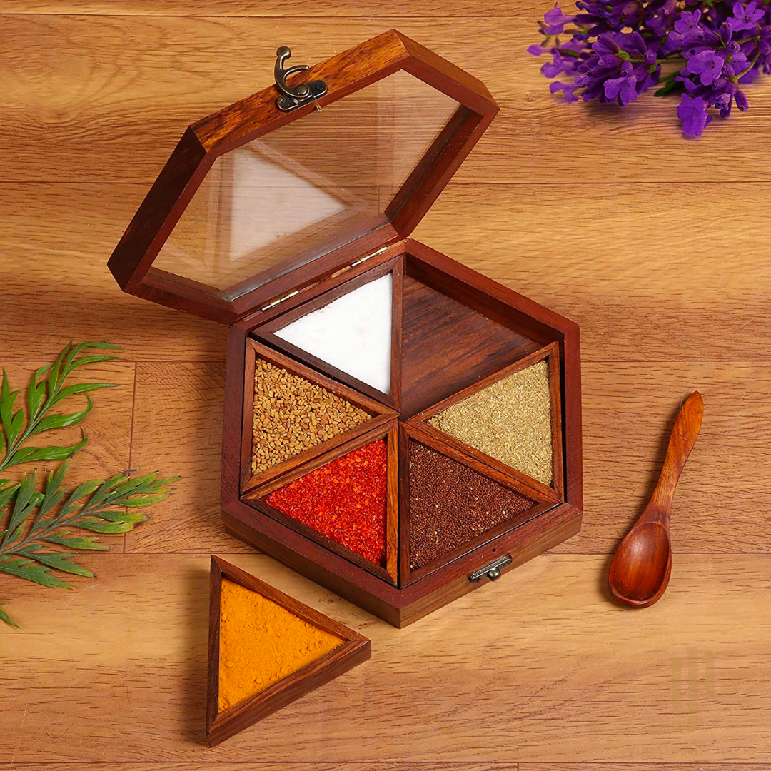 Hexagonal Wooden Spice Box with 6 Containers