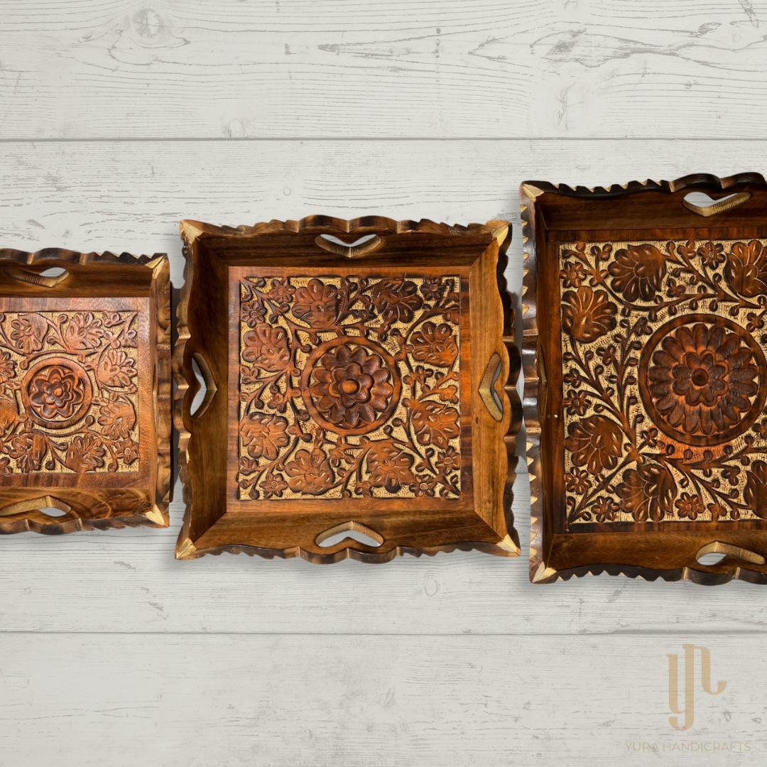 Decorative Squared Wooden Serving Tray (Set of 3)