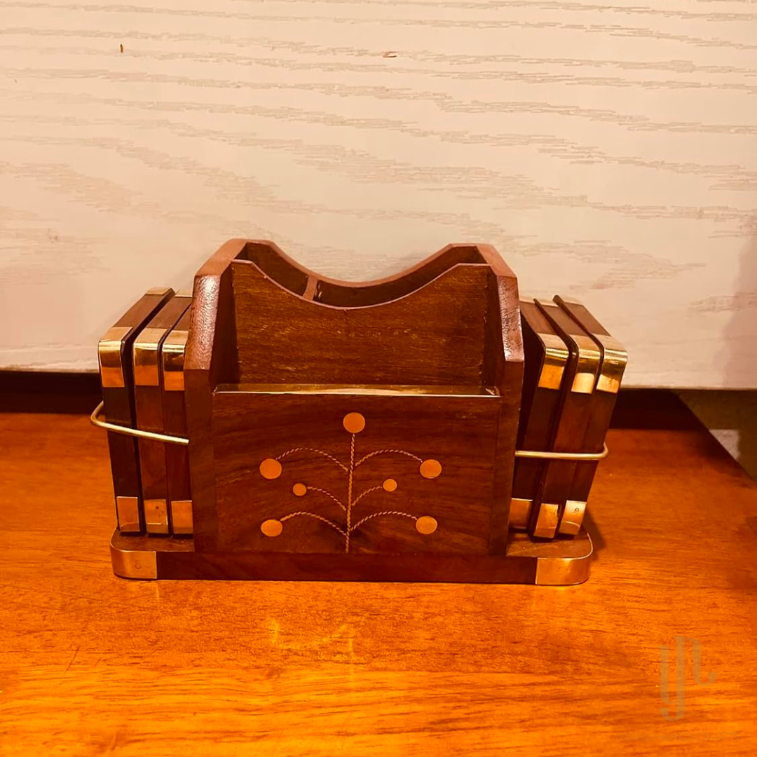 Wooden Pen Stand and Coaster Set in Gold Tree Inlay Design (Set of 12)