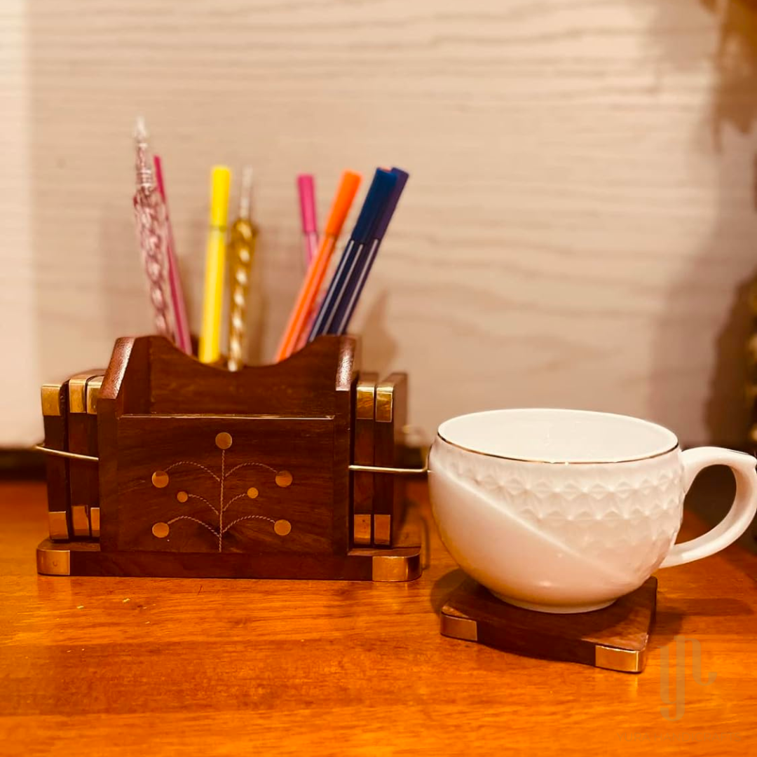 Wooden Pen Stand and Coaster Set in Gold Tree Inlay Design (Set of 12)